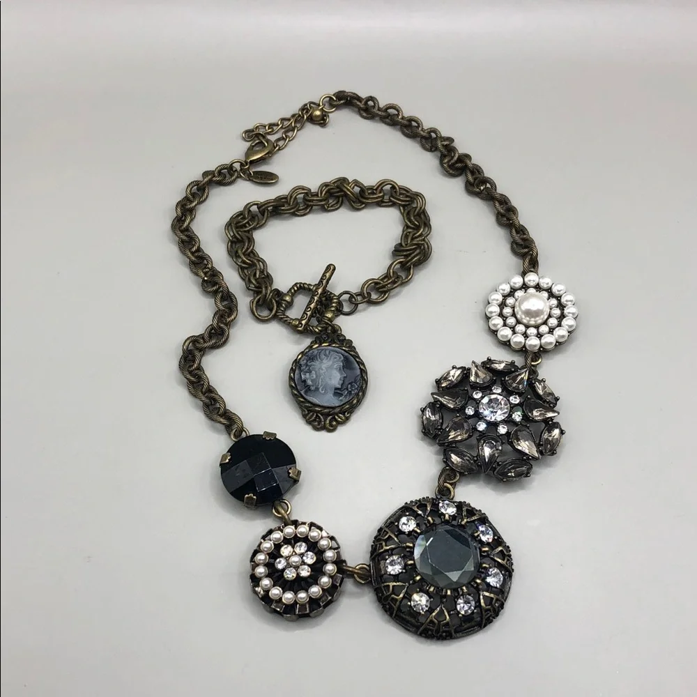 Lia Sophia Curio Chain Necklace + Victorian Style Cameo Bracelet Antiqued Brass.